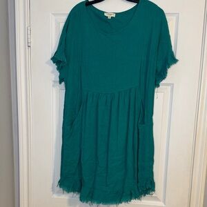 Umgee Teal Fringed Hem Women Dress with Pockets